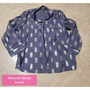 Victoria's Secret Pajama Top L Blue Pineapple Button Down Long Sleeve